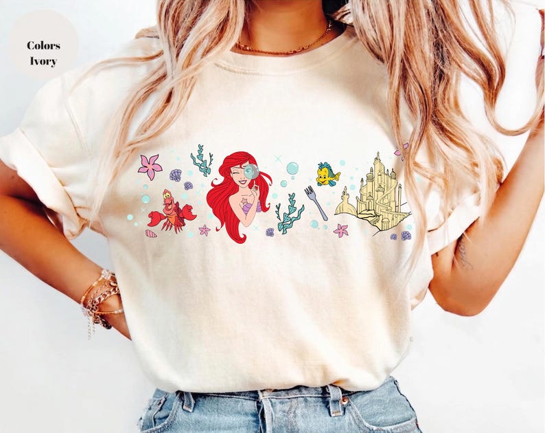 Disney Ariel-skjorta, personlig t-shirt med den lilla sjöjungfrun, vintage-tröja med prinsessorna från havet. bild 1
