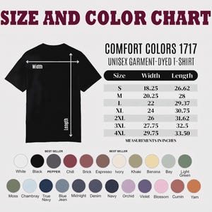 Puede incluir: Una camiseta unisex negra con una tabla de tallas y colores. La tabla enumera las medidas en pulgadas para las tallas S a 4XL. Las opciones de color incluyen blanco, negro, pimienta y otros colores.
