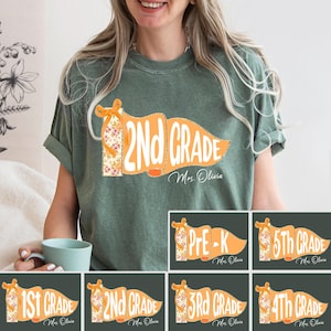 Pennants Flag Teacher Shirt, Custom Teacher Name Tee, Preppy Back to School Shirt, School Spirit Teacher Shirts, Coquette Bow Elementary Tee