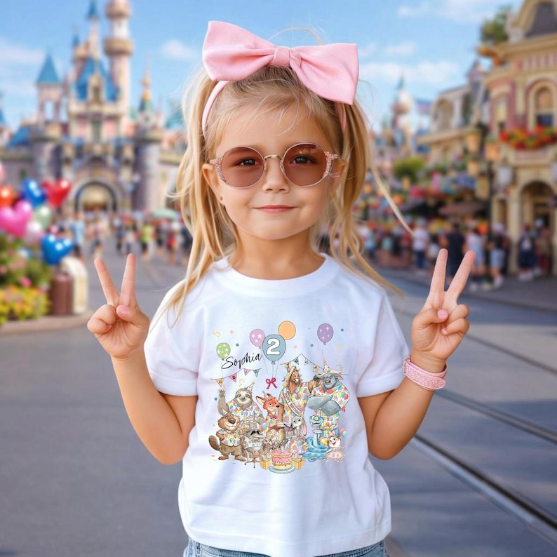 May include: A young child wearing a white t-shirt with a colorful graphic of cartoon animals, balloons, and the number 2. The shirt also has the name "Sophia" printed on it. The child is wearing a pink bow, sunglasses, and a pink bracelet.
