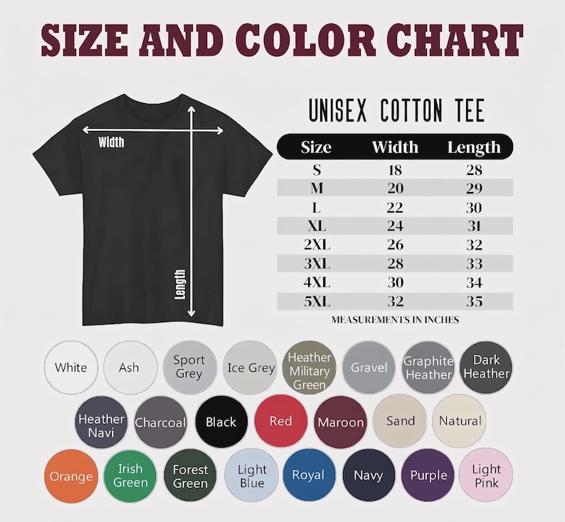 Puede incluir: Una camiseta unisex negra de algod&oacute;n con una tabla de tallas y colores. La tabla enumera las tallas S-5XL con medidas en pulgadas. Las opciones de color incluyen blanco, negro, rojo y m&aacute;s.