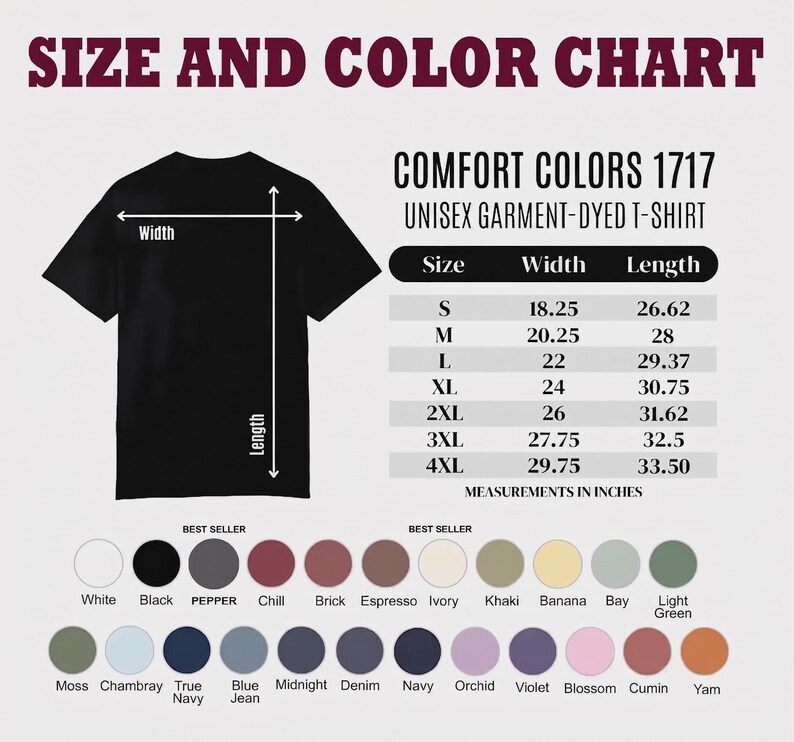 May include: A black unisex t-shirt with a size and color chart. The chart lists measurements in inches for sizes S to 4XL. Color options include white, black, pepper, and other colors. The text reads "COMFORT COLORS 1717 UNISEX GARMENT-DYED T-SHIRT."