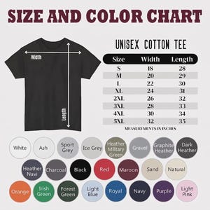May include: A black unisex cotton tee shirt with a size and color chart. The chart lists sizes S to 5XL with width measurements from 18 to 32 inches and lengths from 28 to 35 inches. Color options include white, black, red, and more.