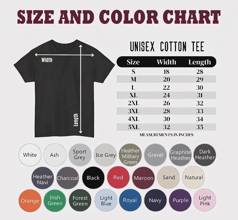 May include: A black unisex cotton tee shirt with a size and color chart. The chart lists sizes S-5XL with measurements in inches. Color options include white, black, red, and more.