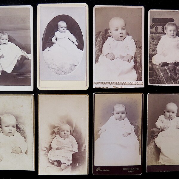 Eight Victorian “Carte de Visite” Studio Baby Portraits, Some Identified, Hidden Mother
