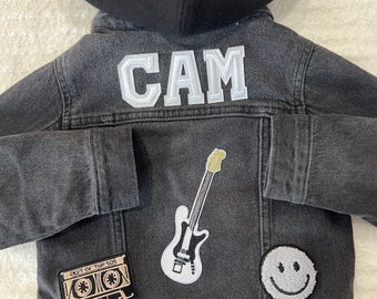 Personalized Black Denim Hooded Jacket with Patches for Toddlers