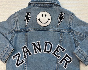 Personalized Denim Jacket with Patches for Babies, Toddlers, and Kids - Black with White Outline Letter Patches
