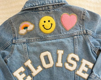 Personalized Denim Jacket with Patches for Babies, Toddlers, and Kids - White Glitter Letter Patches