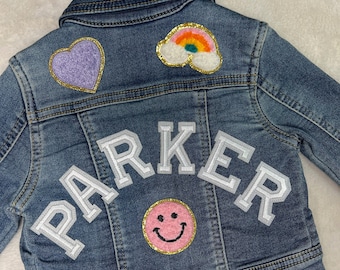 Personalized Denim Jacket with Patches for Babies, Toddlers, and Kids - White Letter Patches