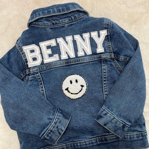 Personalized Denim Jacket with Patches for Babies, Toddlers, and Kids - White Letter Patches