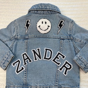 Personalized Denim Jacket with Patches for Babies, Toddlers, and Kids - Black with White Outline Letter Patches