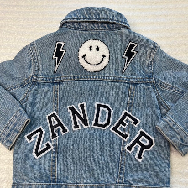 Personalized Denim Jacket with Patches for Babies, Toddlers, and Kids - Black with White Outline Letter Patches