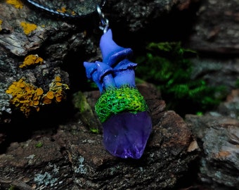 Mushrooms Amethyst Pendant | Handmade Witch Necklace | Polymer clay Enchanted Jewelery | Cottagecore and fairycore aesthetics | Deep woods