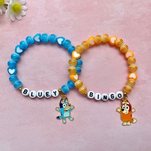 Colourful Personalised Bluey Inspired Bracelets. Novelty Cartoon Dog Bracelets.  Bluey and Bingo Jewellery Gifts. Bluey Name Bracelets.