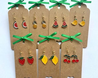Cute Enamel Fruit Earrings. Lemon, Cherry, Strawberry, Watermelon,Banana. Hypoallergenic Stainless Steel Hooks. Novelty Dangle Earrings.