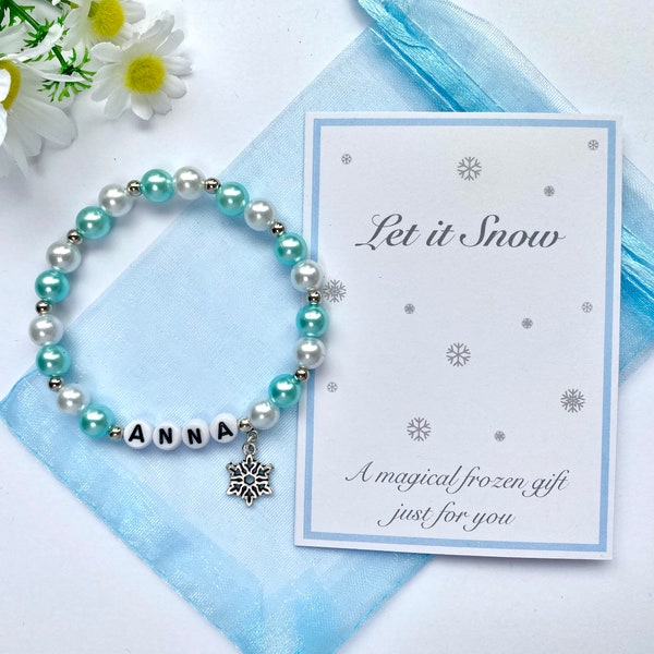 Snowflake Personalised Charm Bracelet. Winter Beaded Bracelet. Personalised Frozen Bracelet. Frozen Name Bracelet. Frozen Birthday Gift.