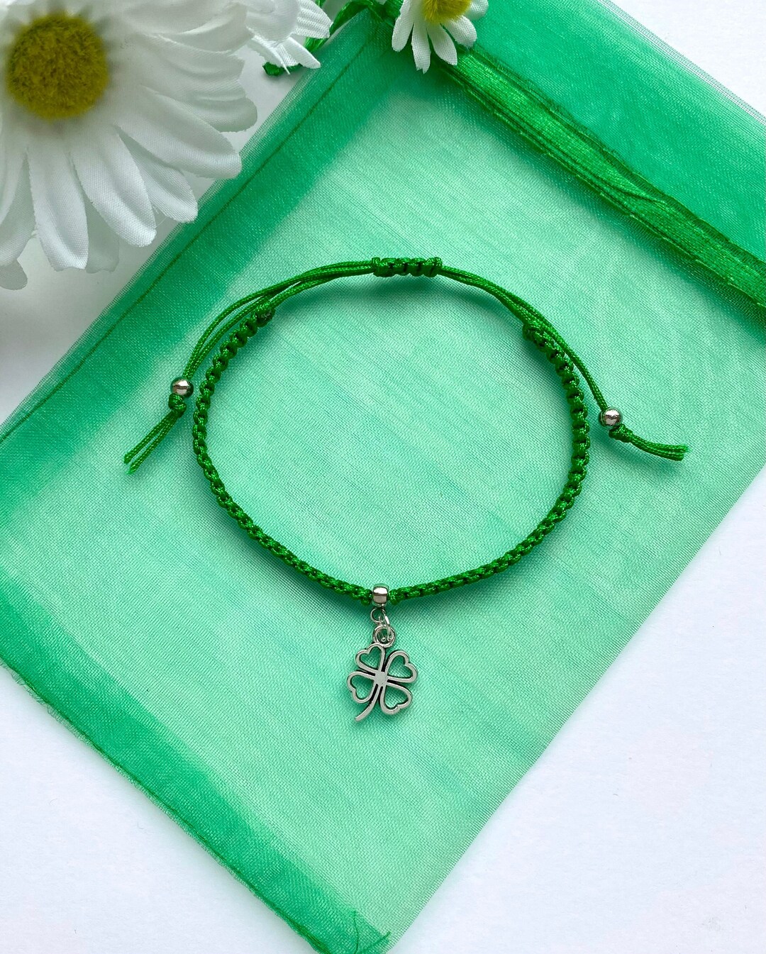 Good Luck Braided Macrame Friendship Bracelet. Silver Four Leaf Clover