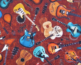 May include: A fabric pattern featuring a variety of guitars in shades of blue, yellow, orange, and brown. The guitars are arranged on a reddish-brown background with musical notes and decorative elements.