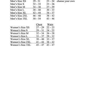 May include: A size chart with measurements for men's and women's clothing. The chart includes chest, waist, and inseam measurements for various sizes, from XS to 3XL. The text is in black font.
