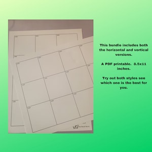 Könnte beinhalten: Zwei druckbare 8,5 x 11 Zoll große Gitter, eines horizontal und eines vertikal, zum Schreiben von Romanen. Die Gitter sind in 16 Quadrate unterteilt. Der Text "This bundle includes both the horizontal and vertical versions. A PDF printable. 8.5x11 inches. Try out both styles see which one is the best for you." ist unter den Gittern gedruckt.