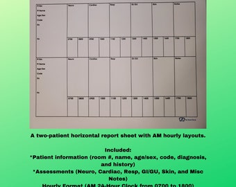 Two-patient horizontal report sheet with AM hourly layout