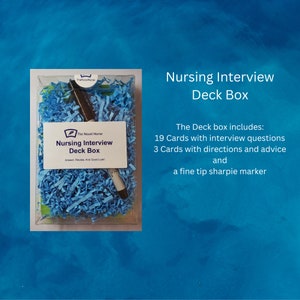 May include: A clear plastic box filled with blue crinkle paper and a black Sharpie marker. The box contains a set of cards titled "Nursing Interview Deck Box" by The Novel Nurse. The text on the box reads "Answer. Review. And Good Luck!" The Deck box includes: 19 Cards with interview questions 3 Cards with directions and advice and a fine tip Sharpie marker.