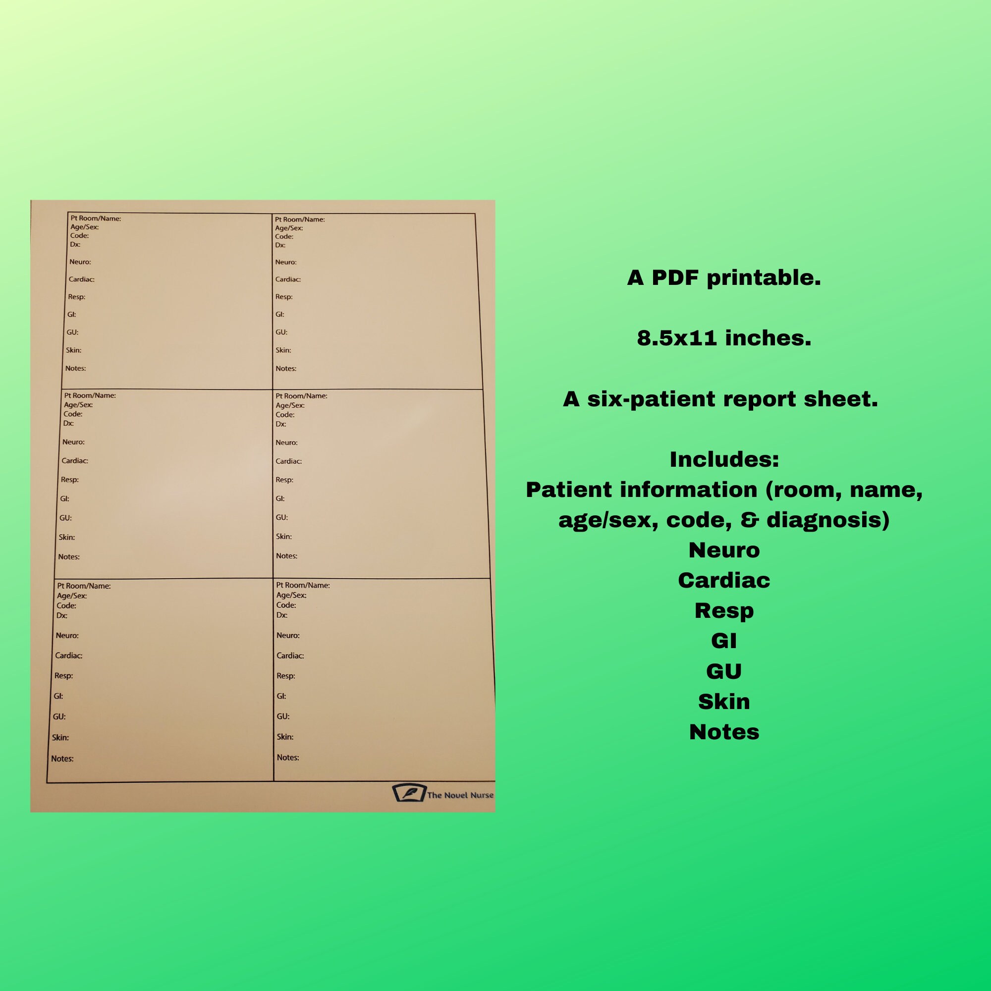 Six-patient vertical report sheet and blank six square sheet