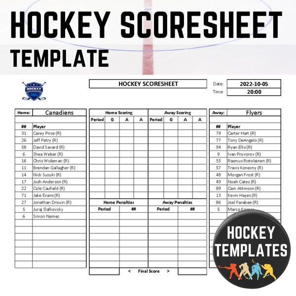 Hockey Score Sheet Template, Team Roster, Player Management, Spare List and Fees, Score Keeper, League Organizer Tool, Editable, Printable