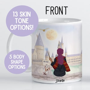May include: White ceramic mug featuring a watercolour illustration of Hogwarts castle, a person in a black robe and a red scarf, and an owl. The text "Janelle" is printed on the bottom of the mug.