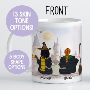 May include: White ceramic mug with a colorful illustration of three witches in front of Hogwarts castle. The witches are wearing black robes and have different hair colors. The mug has the names "Michella" and "Brandy" written on the bottom.