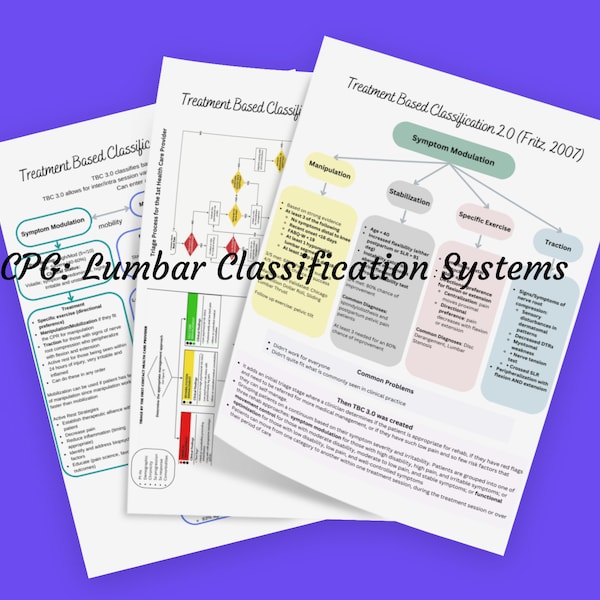 8 Page Lumbar CPGs, ALL Treatment Based Classifications every created Study Guide for OCS, NPTE, or clinical knowledge!