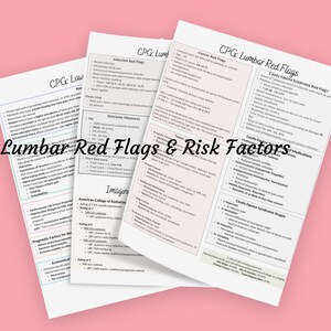 May include: Close-up of three pages of a medical document titled "CPG: Lumbar Red Flags". The document lists red flags and risk factors for lumbar pain, including infection, cancer, and cauda equina syndrome.