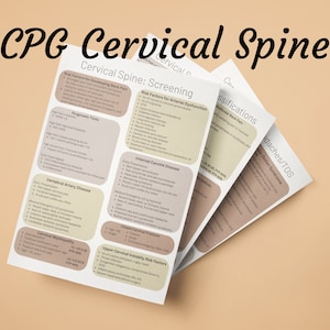 May include: A close-up of a set of four folded papers with the title "CPG Cervical Spine" and headings such as "Risk Factors for Developing Neck Pain", "Risk Factors for Arterial Dysfunction", "Internal Carotid Disease", "Vertebral Artery Disease", "Cervical Myelopathy", "Upper Cervical Instability Risk Factors", "Classifications", "Radicular Neck Pain", "Headaches/TOS", and "Imaging Distinct Syndromes".