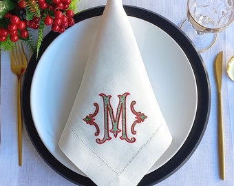Embroidered Christmas Napkin, Monogrammed Christmas Napkin, Wedding Gift, Personalized Linen Napkin, Hemstitched Linen Christmas Napkin