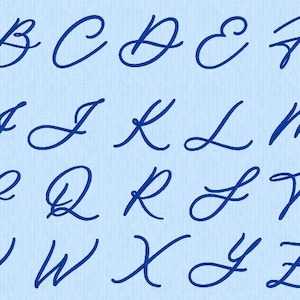 May include: A set of uppercase English alphabet letters from A to Z written in a dark blue cursive script font. The letters are arranged in four rows against a light blue textured background, displaying a flowing, connected handwriting style.