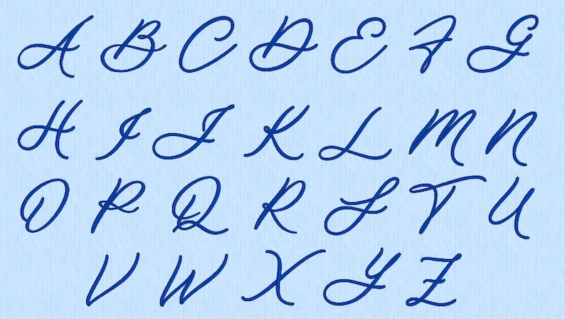 May include: A set of uppercase English alphabet letters from A to Z written in a dark blue cursive script font. The letters are arranged in four rows against a light blue textured background, displaying a flowing, connected handwriting style.