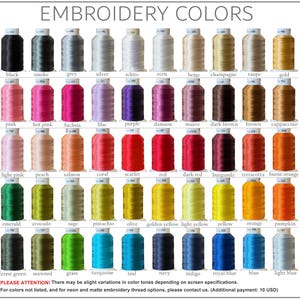 May include: A color chart titled EMBROIDERY COLORS displaying forty-five spools of thread arranged in five rows of nine. Each spool is labeled with its color name and a numerical code, featuring a wide spectrum of neutral, warm, and cool tones.