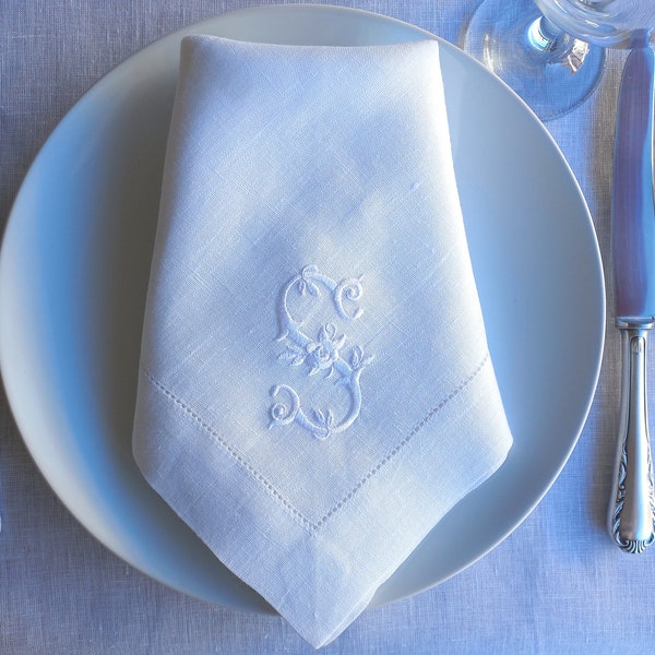 Initial Embroidered Linen Napkin, Custom Linen Napkin, Personalized Linen Napkin, Hemstitched Linen Napkin, Custom Napkin for Wedding Gift