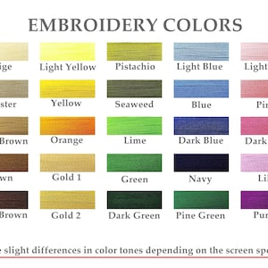 May include: A chart of embroidery thread colors with names for each color. The colors include white, beige, light yellow, pistachio, light blue, light pink, candy, ecru, oyster, yellow, seaweed, blue, pink, red, grey, light brown, orange, lime, dark blue, dark pink, lipstick, dark grey, brown, gold 1, green, navy, lilac, damson, black, dark brown, gold 2, dark green, pine green, purple, and burgundy.
