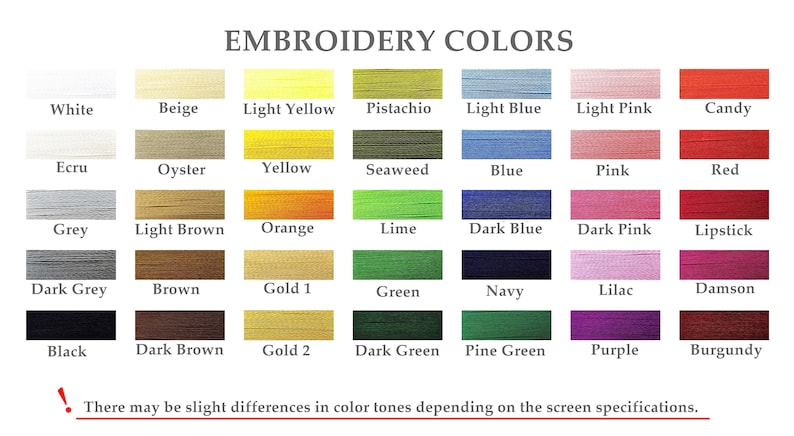 May include: A chart of embroidery thread colors with names for each color. The colors include white, beige, light yellow, pistachio, light blue, light pink, candy, ecru, oyster, yellow, seaweed, blue, pink, red, grey, light brown, orange, lime, dark blue, dark pink, lipstick, dark grey, brown, gold 1, green, navy, lilac, damson, black, dark brown, gold 2, dark green, pine green, purple, and burgundy.