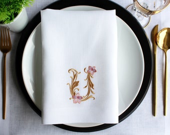 Luxury Linen Wedding Napkin, Gold Monogrammed Linen Napkin, Custom Linen Napkin, Hemstitched Linen Napkin, Embroidered Napkin, Wedding Gift