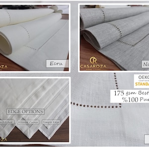 May include: A collection of pure linen napkins in ecru, natural, and white colors. The fabric features a 175 gsm weight, hemstitched borders, mitered corners, and simple edge options. The text includes Casaroza Home Living, Oeko-Tex Standard 100.