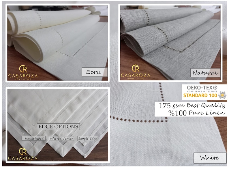 May include: A collection of pure linen napkins in ecru, natural, and white colors. The fabric features a 175 gsm weight, hemstitched borders, mitered corners, and simple edge options. The text includes Casaroza Home Living, Oeko-Tex Standard 100.