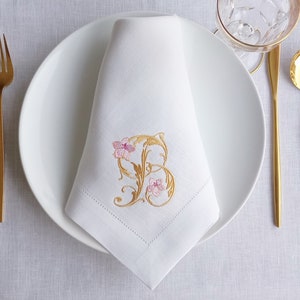 Servilleta de boda con monograma dorado, servilleta de lino bordada, servilleta de lino personalizada, servilleta de lino con vainica, servilleta de lino para regalo de inauguración.
