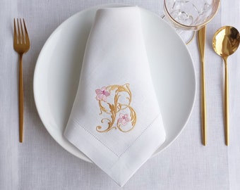 Serviette de table de mariage à monogramme or, serviette en lin brodée, serviette en lin personnalisée, serviette en lin ajourée, serviette en lin pour cadeau de pendaison de crémaillère
