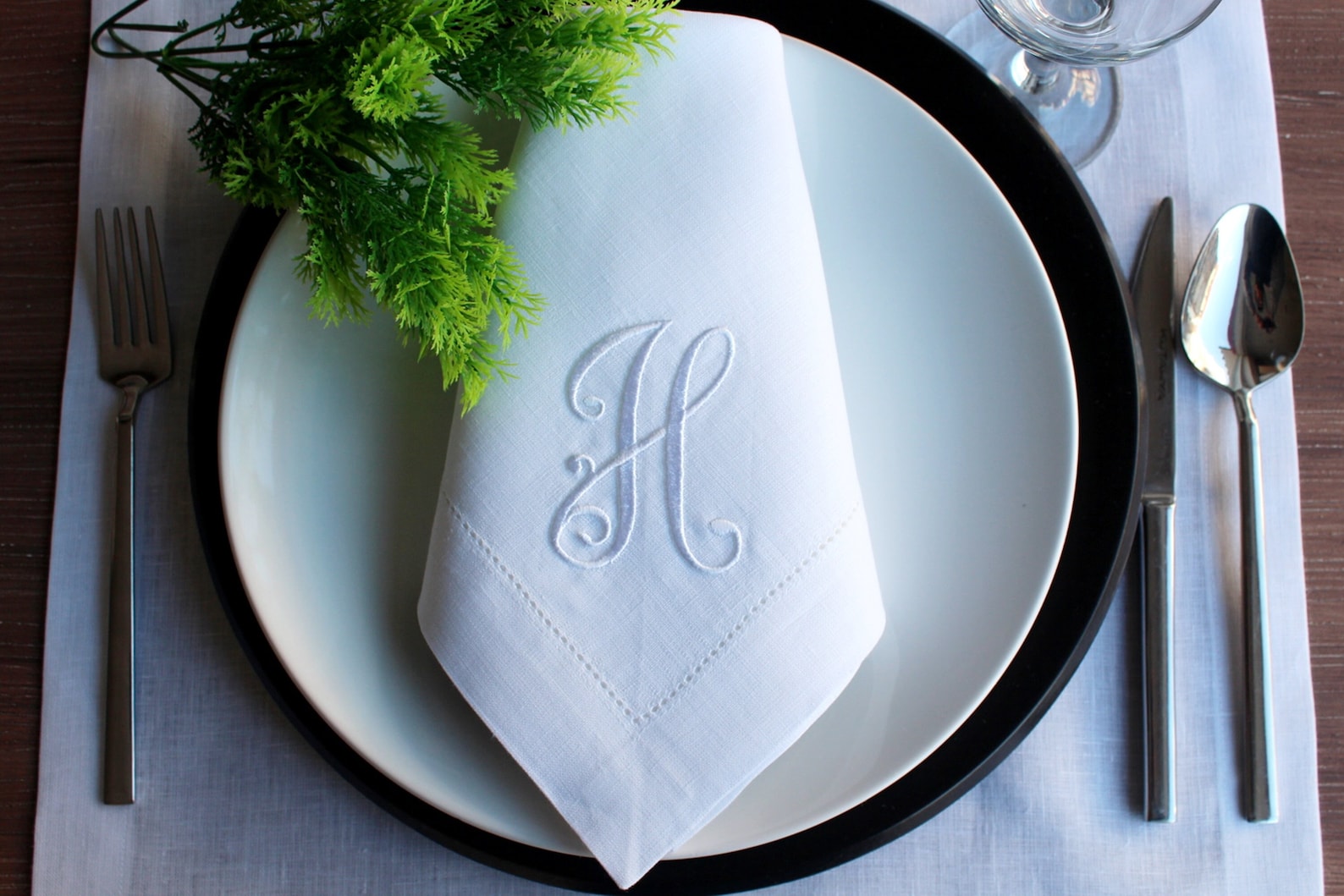 Monogrammed Wedding Napkin, Personalized Linen Napkin, Hemstitched Linen Napkin - Dinner - 18"/45cm, White Hemstitched, S Monogram, White Thread, Lower Diagonal