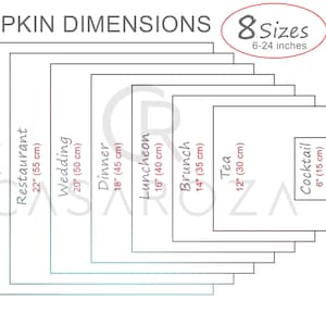 May include: A diagram titled NAPKIN DIMENSIONS showing 8 sizes ranging from 6 to 24 inches. The chart lists categories including Cocktail 6 inches, Tea 12 inches, Brunch 14 inches, Luncheon 16 inches, Dinner 18 inches, Wedding 20 inches, Restaurant 22 inches, and Formal 24 inches.
