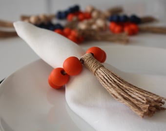 Orange Wooden Bead Napkin Ring, Halloween Decor, Jute Fringed Bead Napkin Ring, Boho Wooden Bead Napkin Ring, Kitchen Decor, Wedding Decor