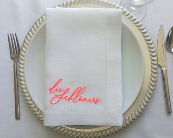 Neon Monogrammed Linen Napkin, Neon Embroidered Wedding Napkin, Luxury Neon Lettered Wedding Gift, Custom Neon Name Embroidered Linen Napkin