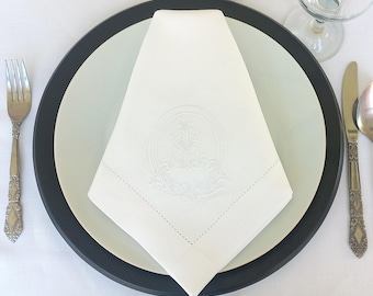 Vintage Wedding Monogrammed Linen Napkin, Double Letter Monogrammed Linen Napkin, Interlocked Logo Patterned Hemstitched Linen Napkin